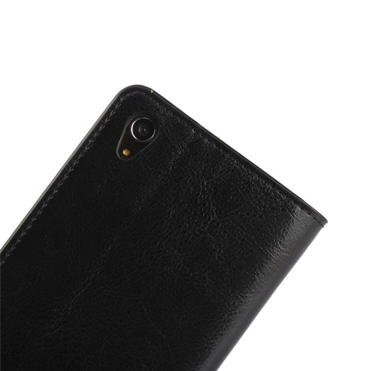 Crazy Horse Full Grain Genuine Leather Wallet Stand Case for Sony Xperia Z5 Premium / Dual - Black-10