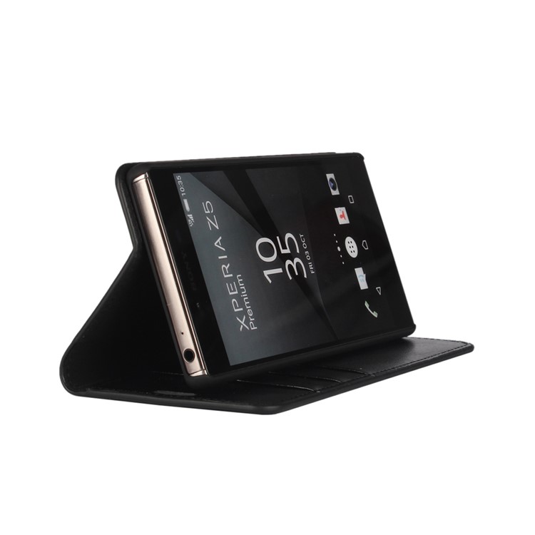Crazy Horse Full Grain Genuine Leather Wallet Stand Case for Sony Xperia Z5 Premium / Dual - Black-2
