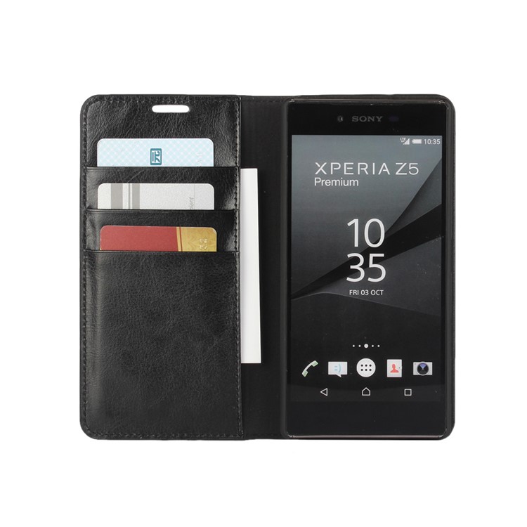 Crazy Horse Full Grain Genuine Leather Wallet Stand Case for Sony Xperia Z5 Premium / Dual - Black-4