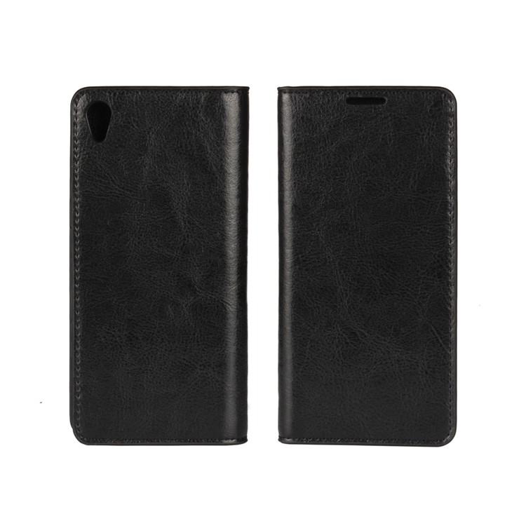 Crazy Horse Full Grain Genuine Leather Wallet Stand Case for Sony Xperia XA / Dual - Black-1