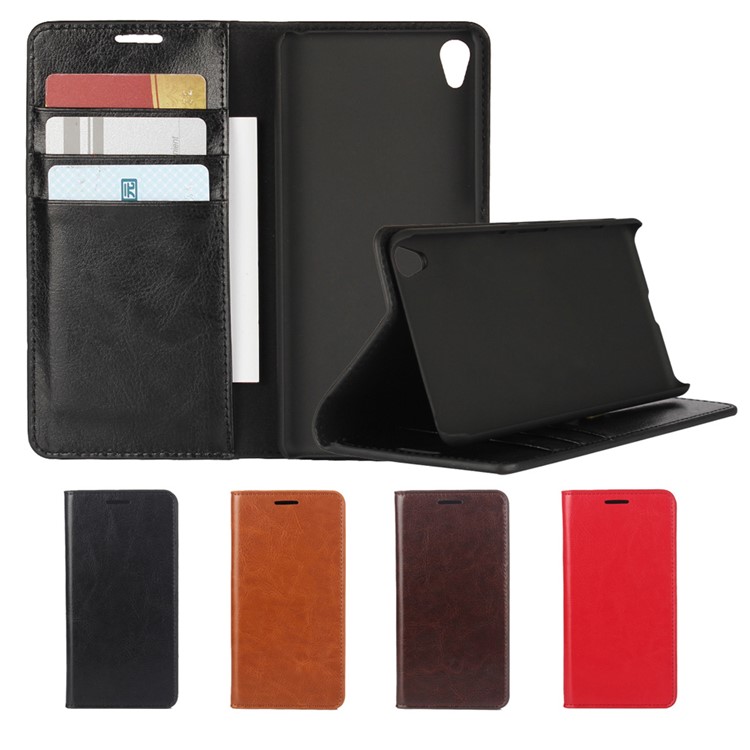 Crazy Horse Full Grain Genuine Leather Wallet Stand Case for Sony Xperia XA / Dual - Black-13