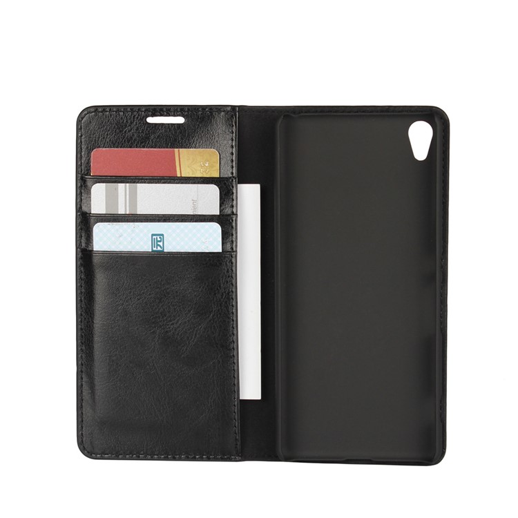Crazy Horse Full Grain Genuine Leather Wallet Stand Case for Sony Xperia XA / Dual - Black-4