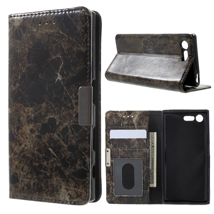 Caja de cuero de la carpeta del cuero de la textura del mármol para Sony xperia X compacto - negro-1