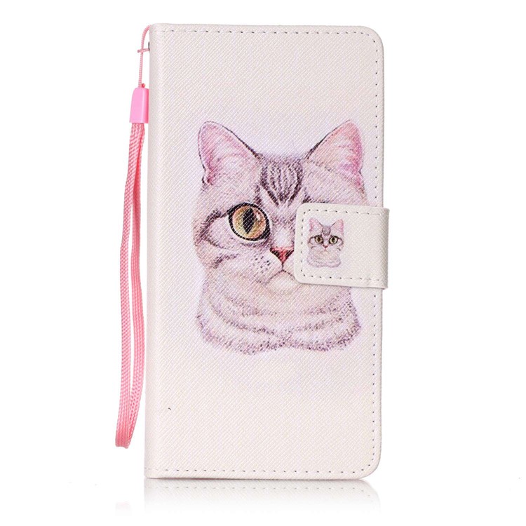 Patterned Leather Wallet Phone Case for Sony Xperia X with Strap - Big Eyes Cat-1