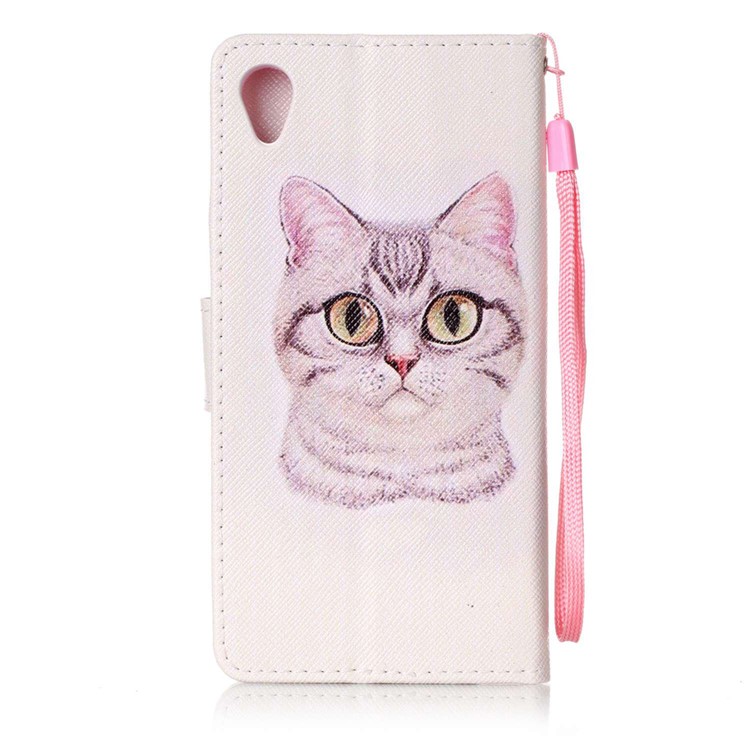 Patterned Leather Wallet Phone Case for Sony Xperia X with Strap - Big Eyes Cat-2
