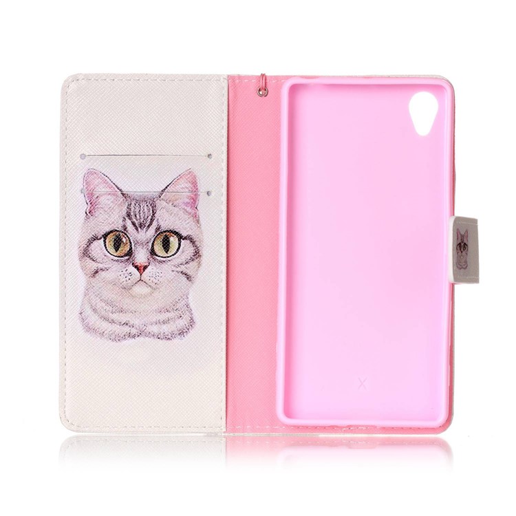 Patterned Leather Wallet Phone Case for Sony Xperia X with Strap - Big Eyes Cat-3