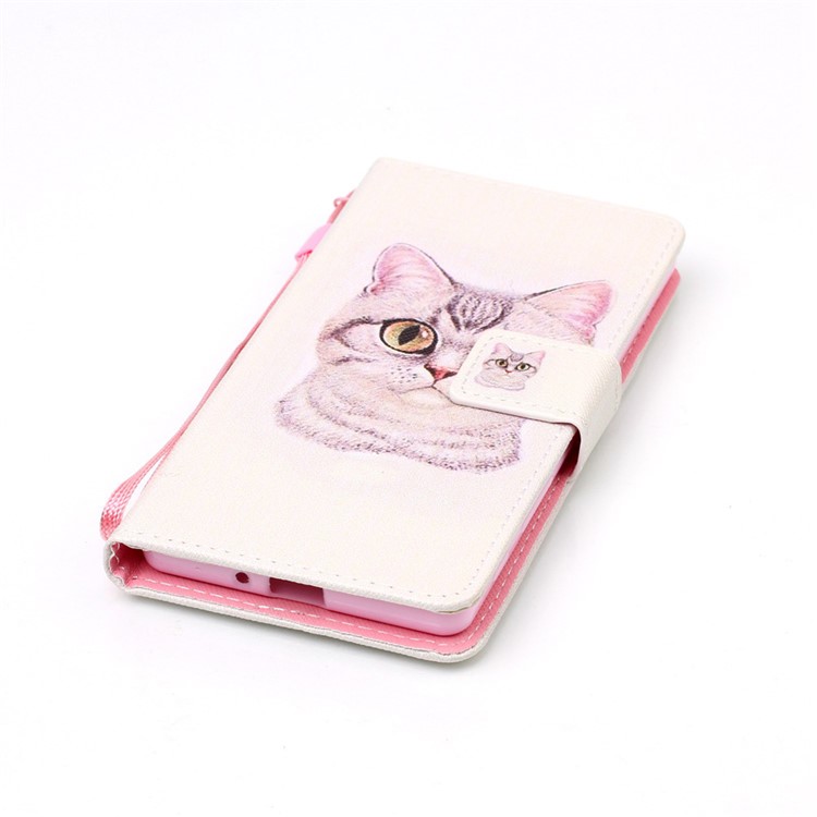 Patterned Leather Wallet Phone Case for Sony Xperia X with Strap - Big Eyes Cat-5