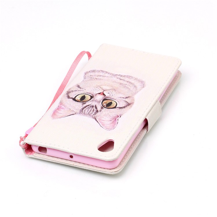 Patterned Leather Wallet Phone Case for Sony Xperia X with Strap - Big Eyes Cat-6