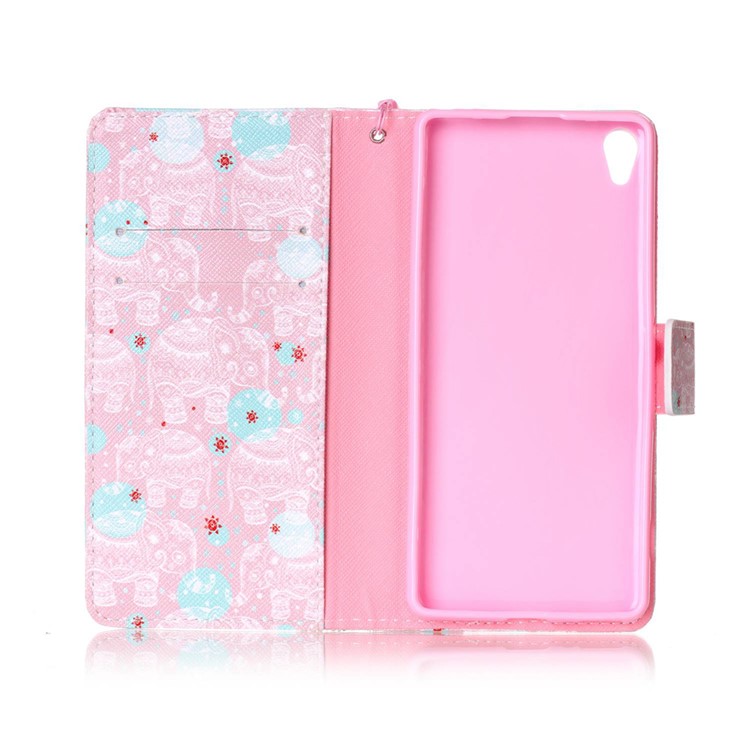 Patterned Leather Wallet Cell Phone Case for Sony Xperia XA/XA Dual with Strap - Elephants-3