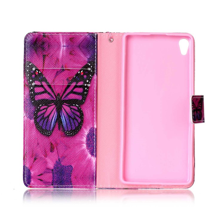 Patterned Leather Stand Shell for Sony Xperia XA/XA Dual with Strap - Butterfly and Flower-3