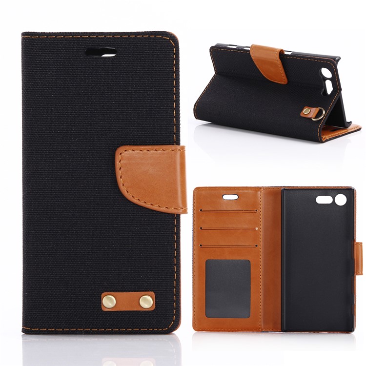 Funda de cuero de la cartera del cuero del paño de oxford para Sony xperia X compacto - negro-1