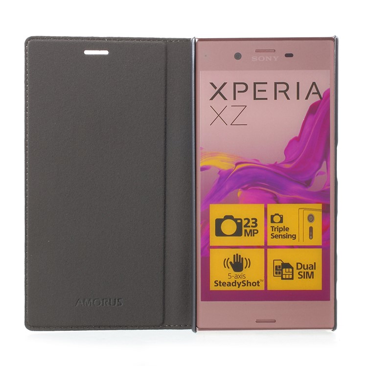 AMORUS Leather Phone Folio Stand Case for Sony Xperia XZ - Black-6