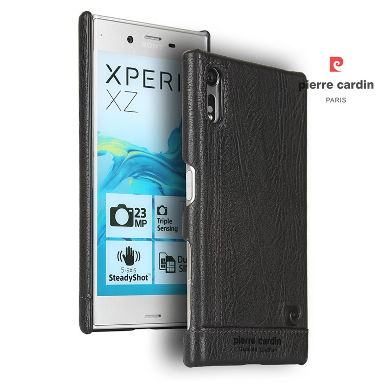 PIERRE CARDIN Stitched Genuine Leather Coated Plastic Case for Sony Xperia XZs / XZ - Black-1