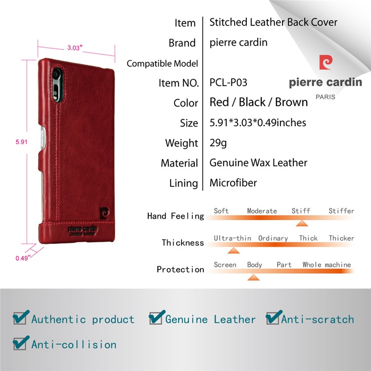 PIERRE CARDIN Stitched Genuine Leather Coated PC Hard Case for Sony Xperia XZs / XZ - Red-8