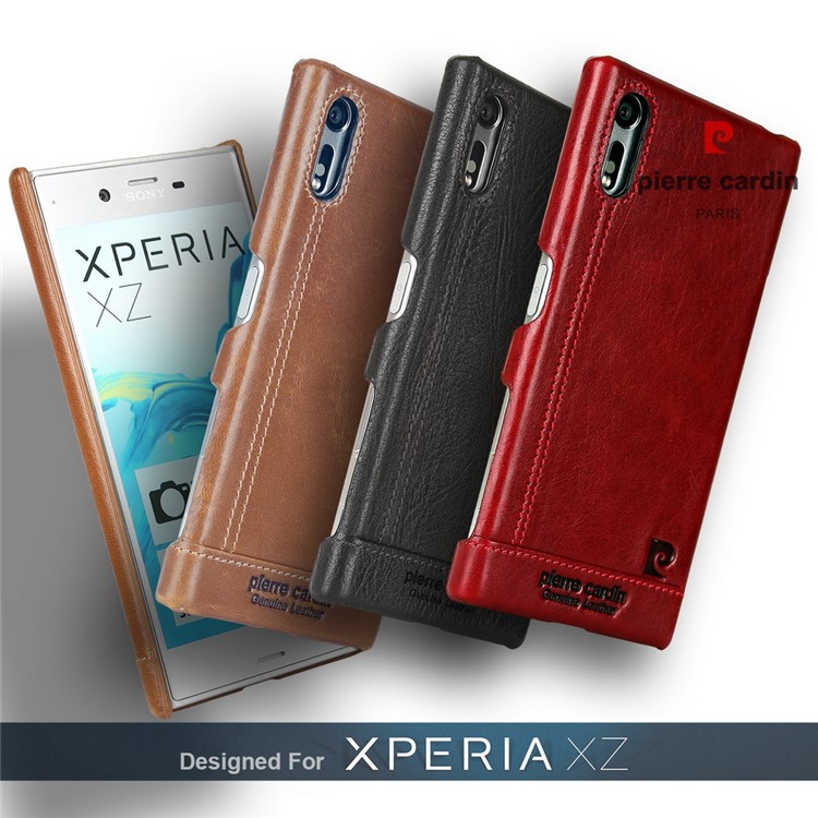 PIERRE CARDIN Stitched Genuine Leather Coated PC Hard Case for Sony Xperia XZs / XZ - Red-9