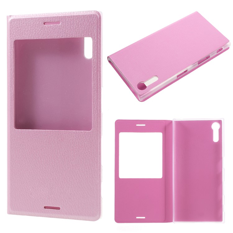 For Sony Xperia XZs / XZ View Window Litchi Leather Flip Cover - Pink-1