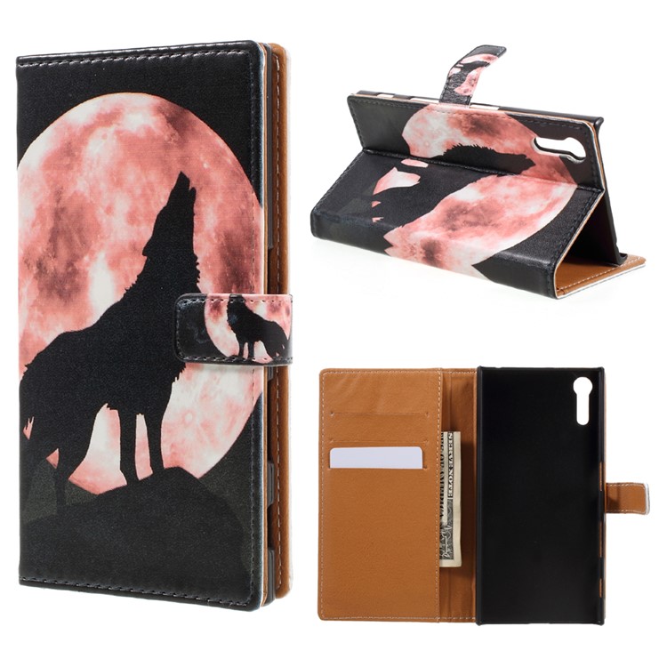 Printing Pattern Leather Wallet Case for Sony Xperia XZ - Wolf Howling at the Moon-1