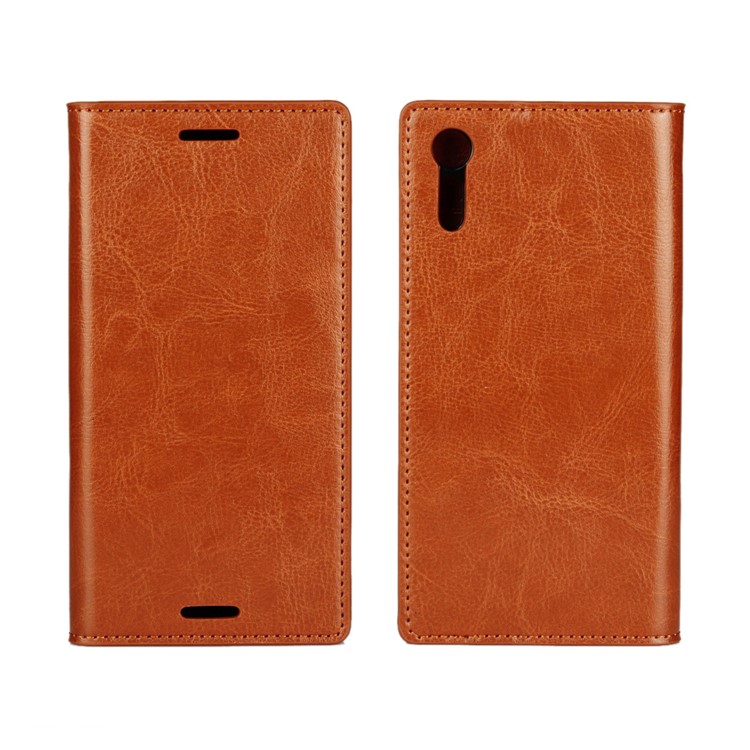 Crazy Horse Genuine Leather Mobile Casing Wallet for Sony Xperia XZs / XZ - Brown-1