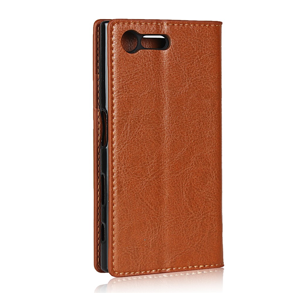 Carteira De Carcaça Móvel De Couro Genuíno De Cavalo Louco Para Sony Xperia X Compact - Castanho