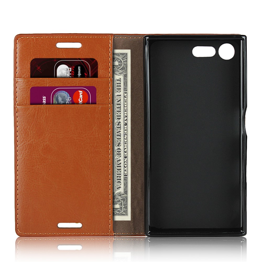 Portefeuille De Boîtier Mobile En Cuir Véritable Crazy Horse Pour Sony Xperia X Compact - Marron