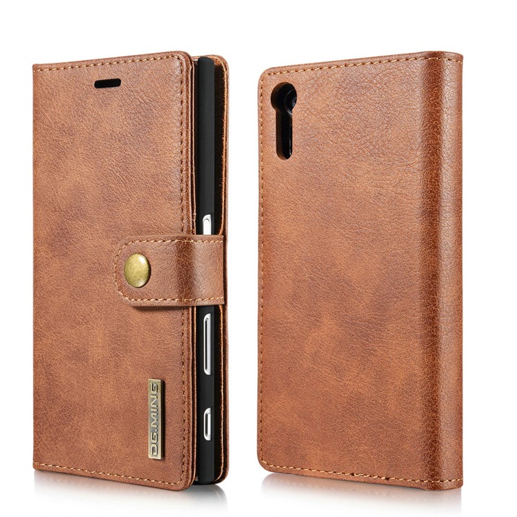 DG.MING 2 in 1 Split Leather Wallet + PC Shell for Sony Xperia XZs / XZ - Brown-1