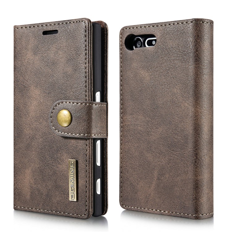 DG.MING for Sony Xperia X Compact Split Leather Wallet + Movable PC 2 in 1 Case - Coffee-1