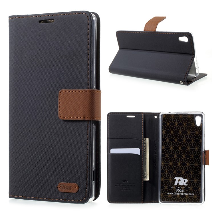 ROAR KOREA Twill Grain Leather Wallet Case for Sony Xperia XA Ultra - Black-1
