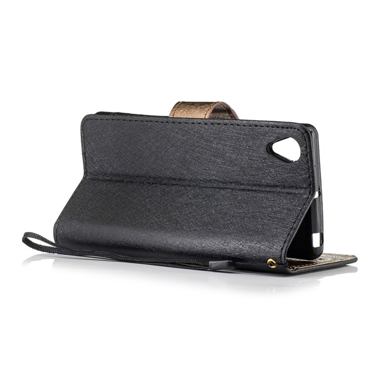 Silk Texture Leather Wallet Stand Cell Phone Case for Sony Xperia X with Wrist Strap - Black-3