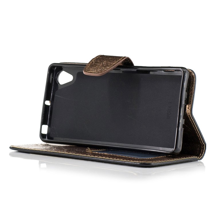 Silk Texture Leather Wallet Stand Cell Phone Case for Sony Xperia X with Wrist Strap - Black-4