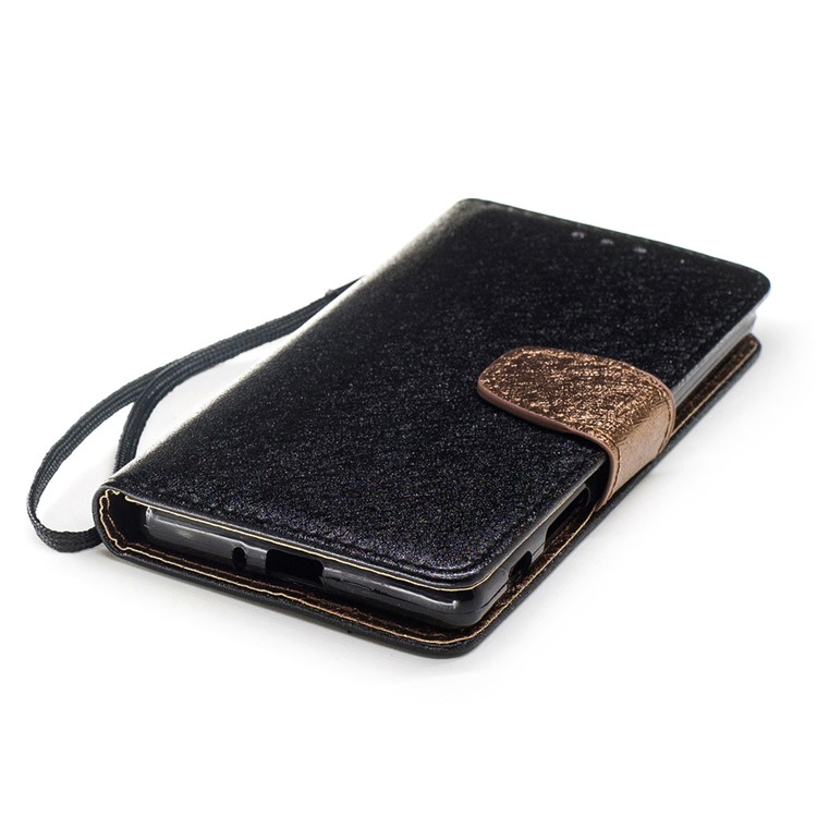Silk Texture Leather Wallet Stand Cell Phone Case for Sony Xperia X with Wrist Strap - Black-5