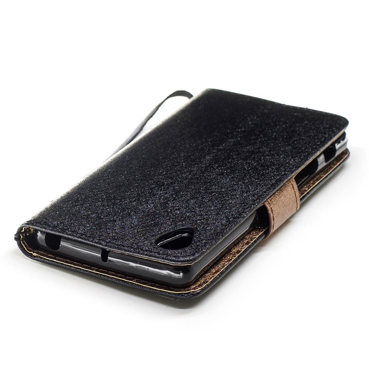 Silk Texture Leather Wallet Stand Cell Phone Case for Sony Xperia X with Wrist Strap - Black-6