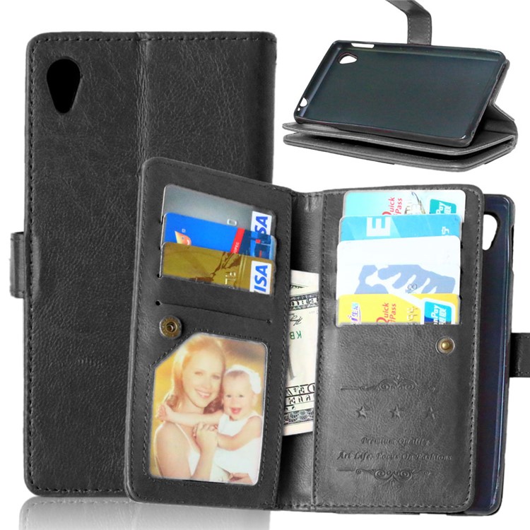 Crazy Horse 9 Card Slots Leather Wallet Case for Sony Xperia M4 Aqua / Dual - Black-1