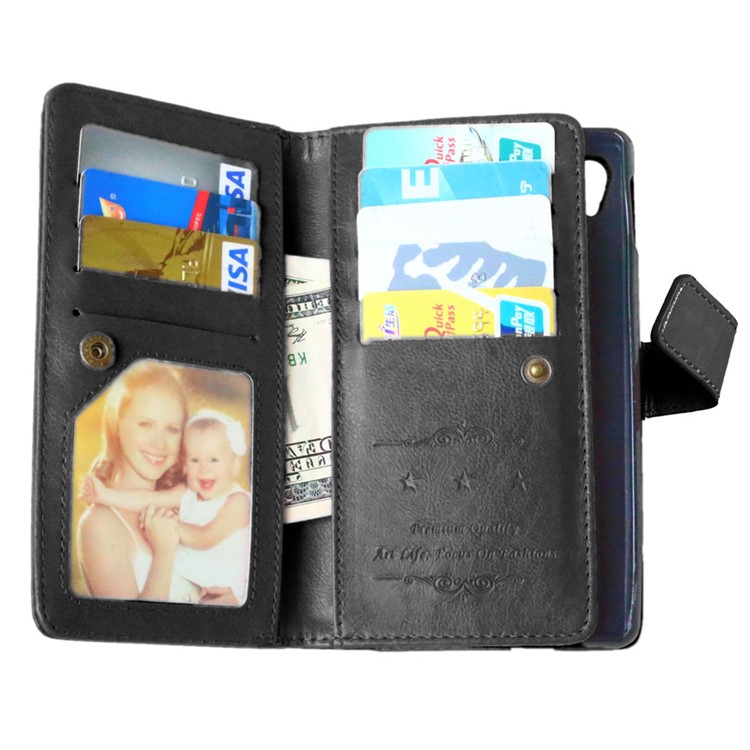 Crazy Horse 9 Card Slots Leather Wallet Case for Sony Xperia M4 Aqua / Dual - Black-8