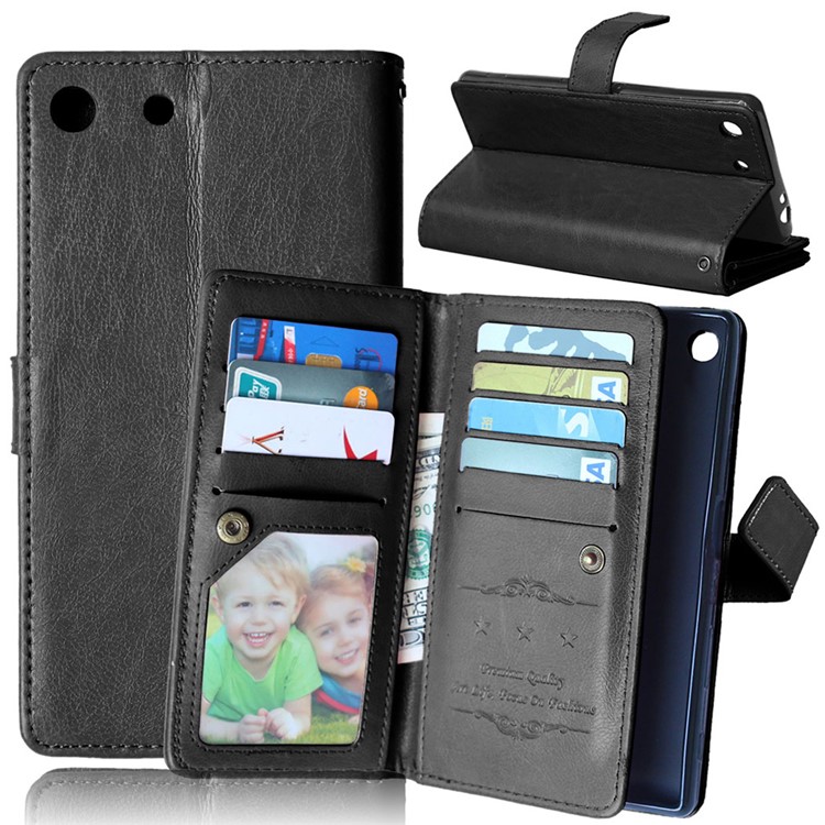 Crazy Horse Leather 9 Card Slots Wallet Stand Case for Sony Xperia M5 / M5 Dual - Black-1