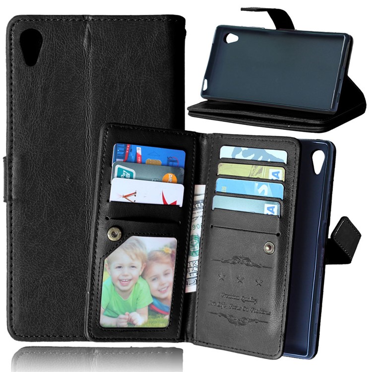For Sony Xperia Z5 Crazy Horse 9 Card Slots Wallet Leather Stand Case - Black-1