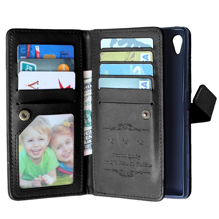 For Sony Xperia Z5 Crazy Horse 9 Card Slots Wallet Leather Stand Case - Black-6