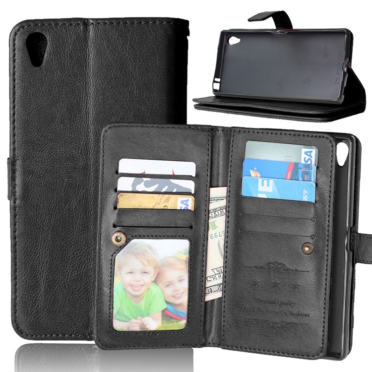 9 Card Slots Wallet Crazy Horse Leather Case for Sony Xperia Z5 Premium / Premium dual - Black-1