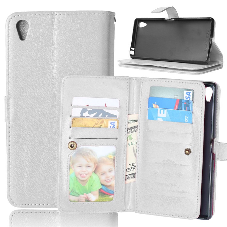9 Card Slots Crazy Horse Leather Wallet Case for Sony Xperia Z5 Premium / Premium dual - White-1