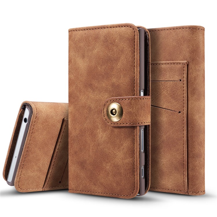 2-in-1 Wallet Vintage Leather Cover + Movable PC Case for Sony Xperia XZs / XZ - Dark Brown-1