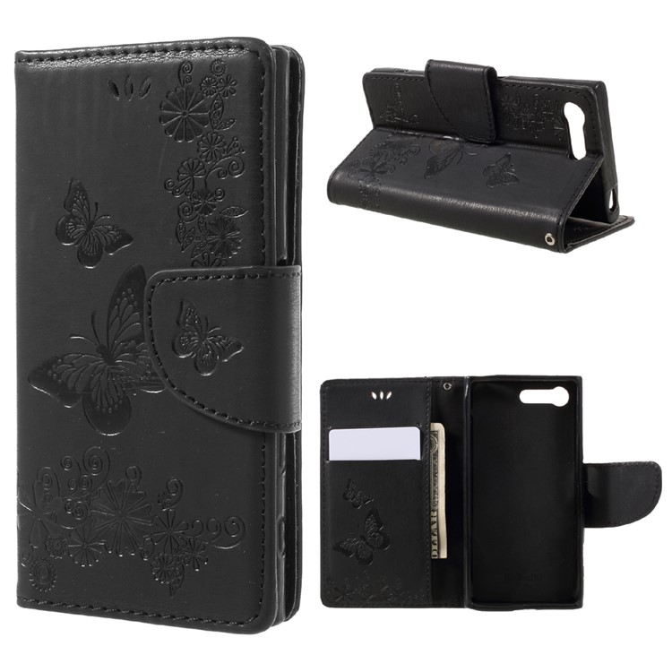 Imprinted Butterfly Flowers Leather Wallet Case for Sony Xperia X Compact - Black-1