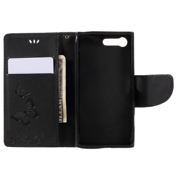 Imprinted Butterfly Flowers Leather Wallet Case for Sony Xperia X Compact - Black-7