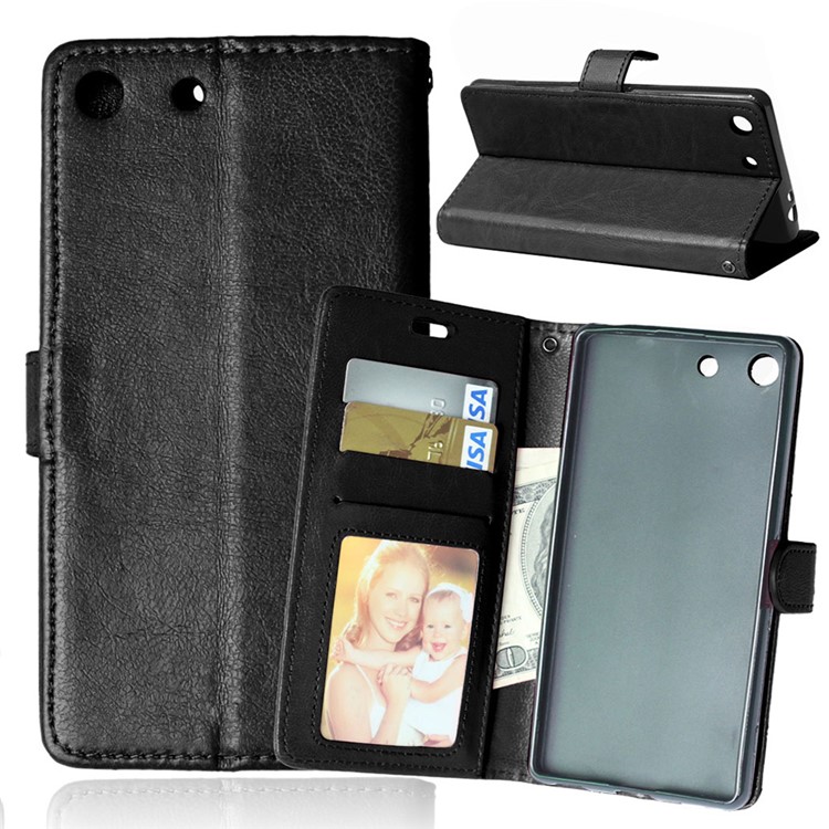 Multi ID/Credit Card Slots Crazy Horse Leather Case for Sony Xperia M5 / M5 Dual - Black-1