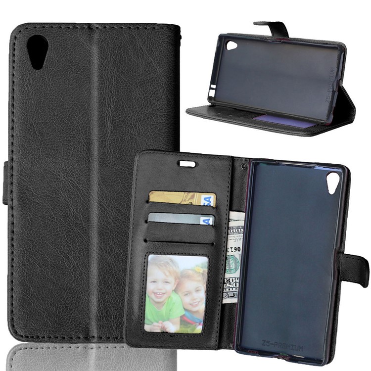Crazy Horse Leather Wallet Case for Sony Xperia Z5 Premium / Dual - Black-1