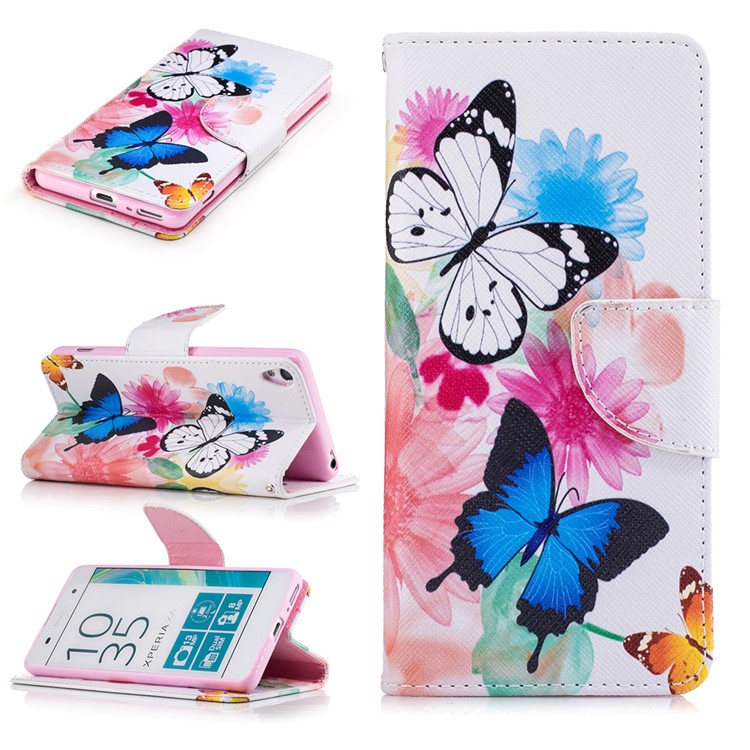 Pattern Printing Folio Leather Wallet Case for Sony Xperia XA / XA Dual - Vivid Butterflies-1