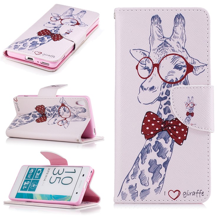 Pattern Printing Leather Wallet Case Cover for Sony Xperia XA / XA Dual - Cute Giraffe Wearing Glasses