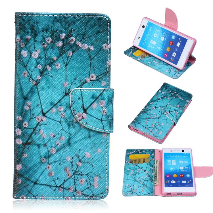 Pattern Printing Leather Wallet Case for Sony Xperia M5 E5603 E5606 E5653 - Pink Floret-1