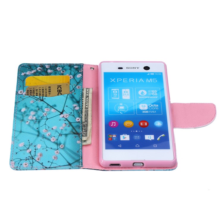 Pattern Printing Leather Wallet Case for Sony Xperia M5 E5603 E5606 E5653 - Pink Floret-4