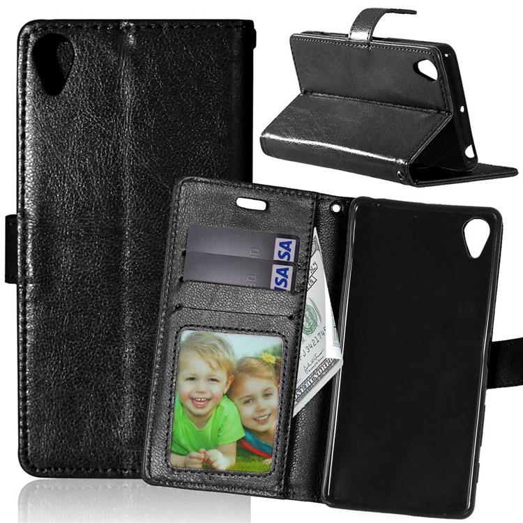 3 Card Slots Wallet Crazy Horse PU Leather Case Stand for Sony Xperia X - Black-1