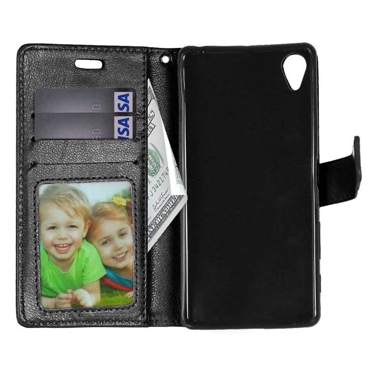 3 Card Slots Wallet Crazy Horse PU Leather Case Stand for Sony Xperia X - Black-6