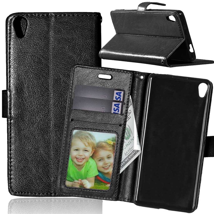 3 Card Slots Wallet Crazy Horse PU Leather Case for Sony Xperia XA / XA dual - Black-1